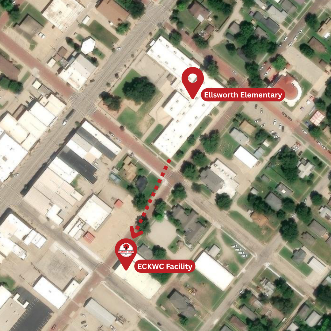 Aerial map showing the short route between Ellsworth Elementary and the planned ECKWC facility in downtown Ellsworth